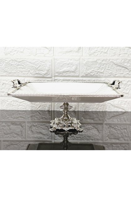 Porcelain Large Square Serving Plate-Presentation Plate with Cast Silver Frame and Legs 27cm