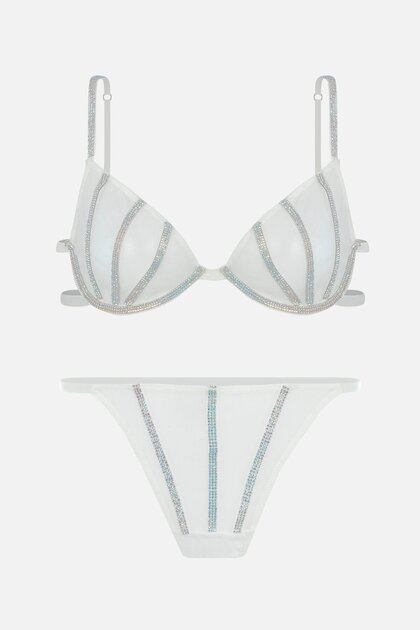 Ecru Underwear Set with Crystal Stone Detail and No Support | Stylish Bra Panty Set