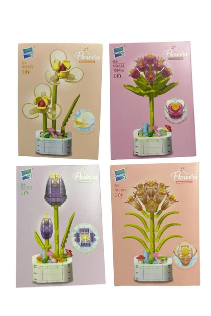 Set Construcție 4 în 1 cu Flori Decorative la Ghiveci Mini, design tip “cristal”, 6+ ani