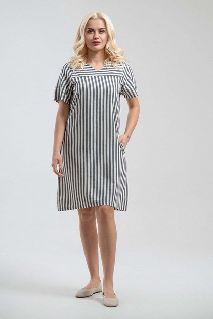 Women's Gray Ecru Striped V-Neck Short Sleeve 100% Cotton Dress with Pockets