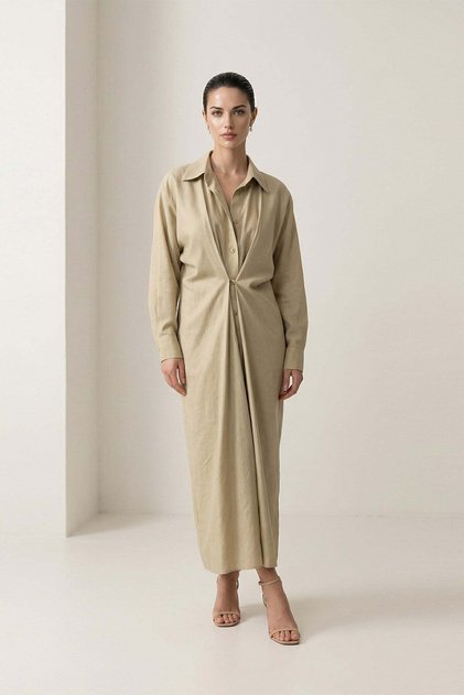 Oil Green Shirt Collar Waist Detail Long Sleeve Relaxed Fit Dress