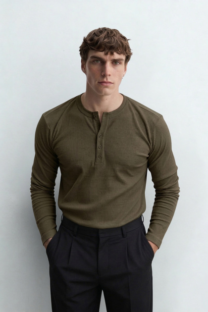 Henley Collar Buttoned Slim Fit Long Sleeve Men's T-Shirt