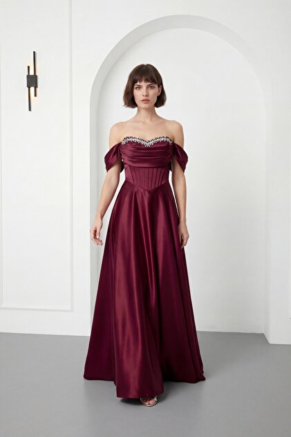 Lafaba Women's Burgundy Boat Neck Stoned Long Promise Engagement Wedding Evening Dress- Trendyol Lafaba Women's Burgundy Boat Neck Stoned Long Promise Engagement Wedding Evening Dress- Trendyol