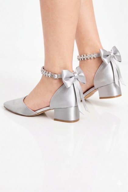 Satin Stylish Women's Shoes with Bow Tie and Ankle Strap, Short Heel