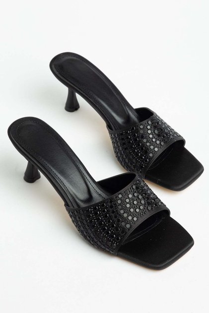 Women's Heeled Slippers Black Stoned Satin Thin Heels