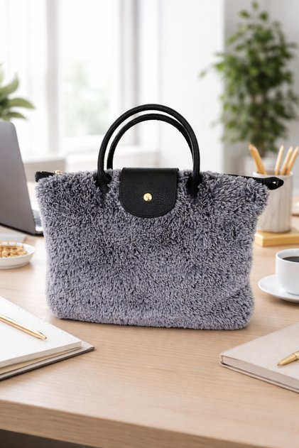 Plush Gray Women's Shoulder & Hand Bag - with Strap, Zipper, Large Size Daily Bag (Laptop/Tablet Compatible)