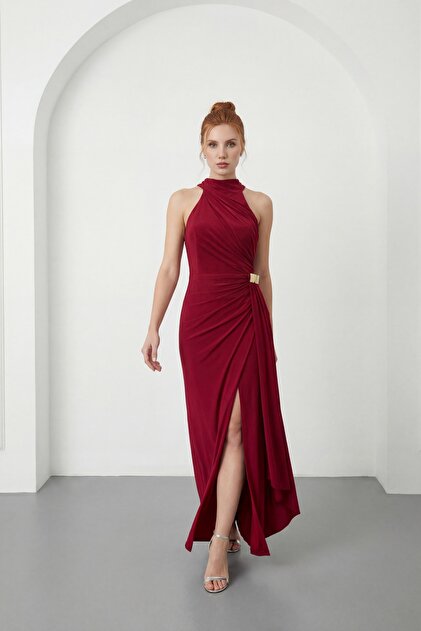 what color shoes go well with burgundy dress Prom Burgundy Dresses Halter Straps V-Neck Lace Up Back Stretch Satin main image 1