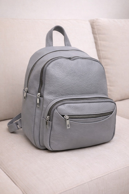 Women's Light Gray Soft Leather 4-Compartment Backpack with Front Open Pocket and Adjustable Straps for Daily City Use