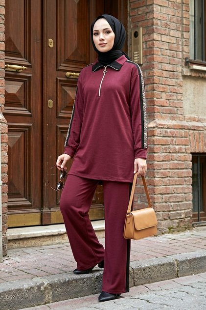 Patterned Striped Half-Zip Combed Cotton Suit - Claret Red