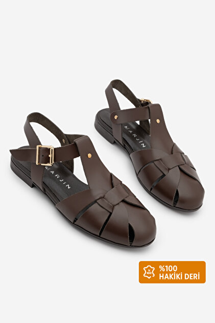 Women's Genuine Leather Ankle Strap Buckle Closed Front Casual Sandals Yenzar Brown