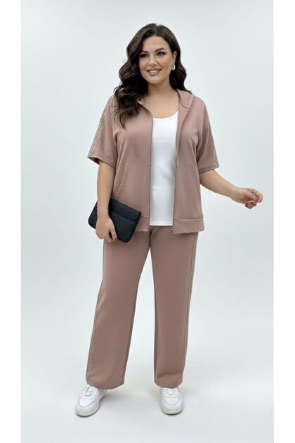 Women's Plus Size Short Sleeve Zipper Hooded Lace Detailed Tracksuit Set 8239-26