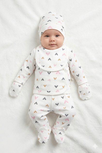 100% Cotton Ribbed 5-Piece Newborn Baby Hospital-Issued Heart-Shaped Bodysuit Set