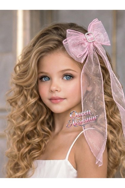 Pins and Stones Embellished Tulle Organza Scarf with Long Pendant Tail Bow Buckle for Women and Children Pink
