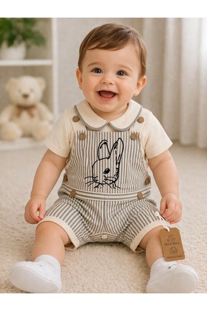 Baby Boy Rabbit Patterned Striped Salopet Jumpsuit – Stylish Summer Outfit