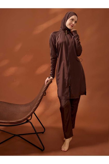Full Covered Hijab Swimsuit with Piping Detail - Brown -