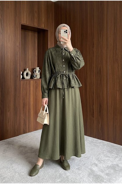 Stoned Buttoned Patterned Jacquard Skirt Top and Bottom Set - Khaki