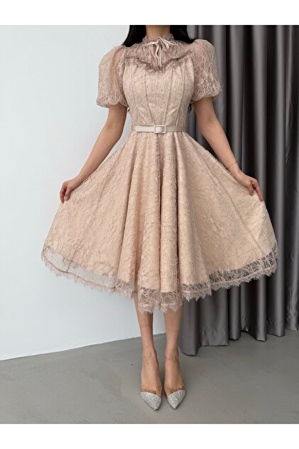 Serica Moda Beige Lace Sequin Embroidered Short Sleeve Midi Evening Dress-  Trendyol