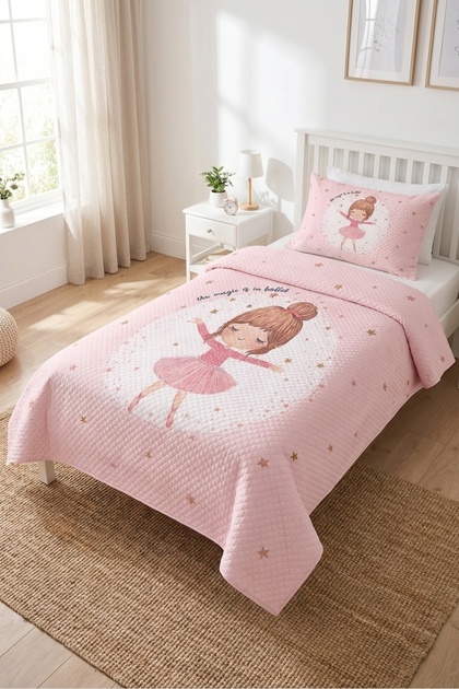 Ballerina Starry Pink Children's Pique Set - Fairy Tale Themed Modern Powder Gold Quilted Bedspread