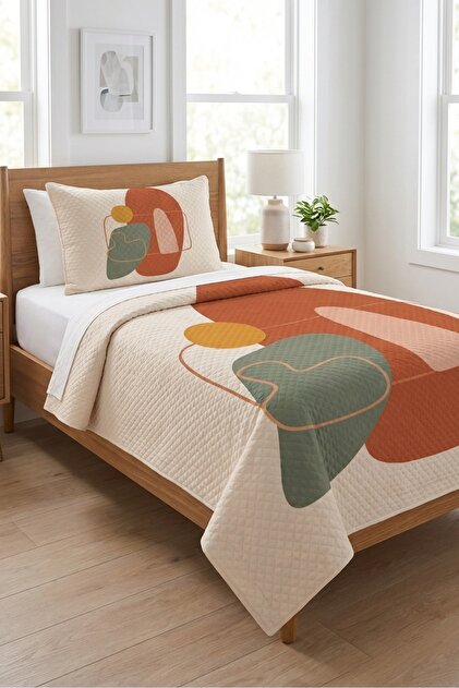 Soyut Geometrik Boho Genç Pike Takımı-Organik Form Modern Kiremit Haki Kapitone Yatak Örtüsü