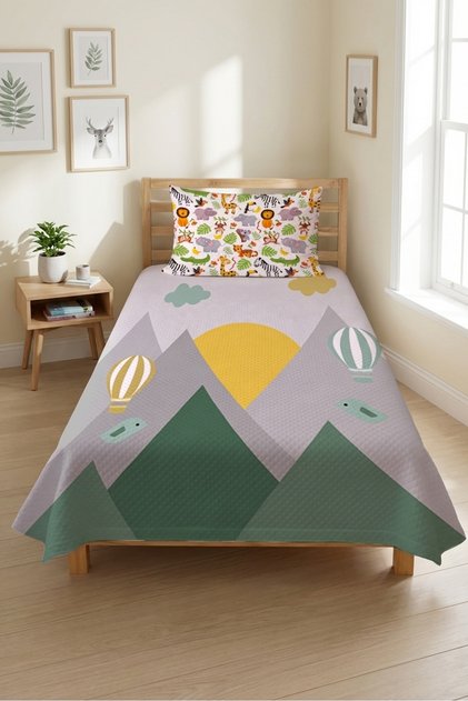 Mountain Balloon Sun Patterned Children's Pique Set - Nature Adventure Nordic Green Gray Quilted Bedspread