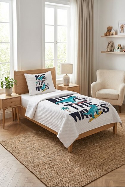 Dinosaur Surfer Adventure Themed Baby Pique Set-Tropical Young Room Modernturquoise Quilted Bedspread