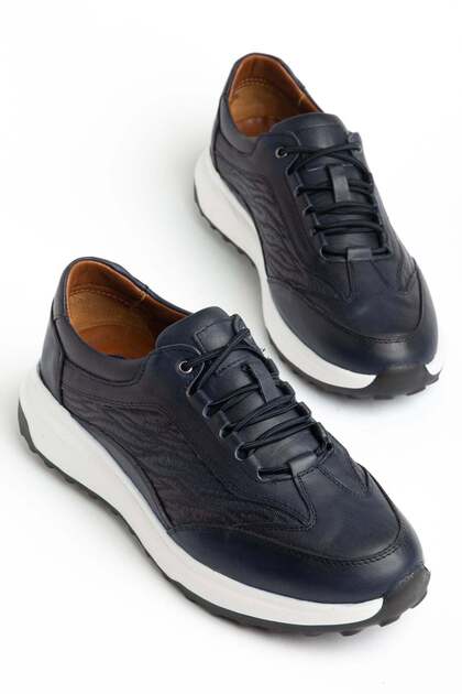 Genuine Leather Men's Casual Shoes Navy Blue Elastic Lace-Up Side Printed Nylon Sole