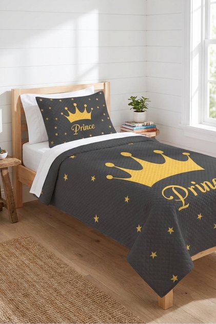Starry Prince Children's Pique Set-Noble Galaxy Themed Modern Anthracite Gold Decorative Bedspread