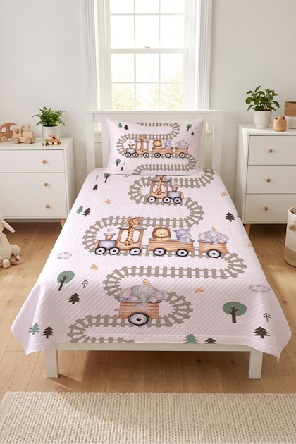 Cute Animal Train Safari Single Pique Set-Adventure Themed Nordic Beige Green Bedspread