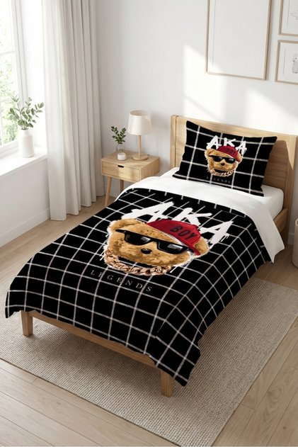 Black Baby Pique Set with Plaid Cute Teddy Bear Figure - Street Style Red Anthracite Bedspread