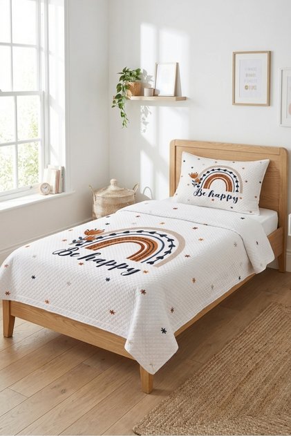 Rainbow Floral Patterned Children's Pique Set - Cheerful Bohemian Theme Tile Navy Blue Decorative Bedspread