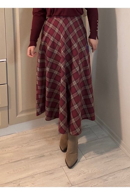 Ekoseli bordo yandan fermuarlı etek