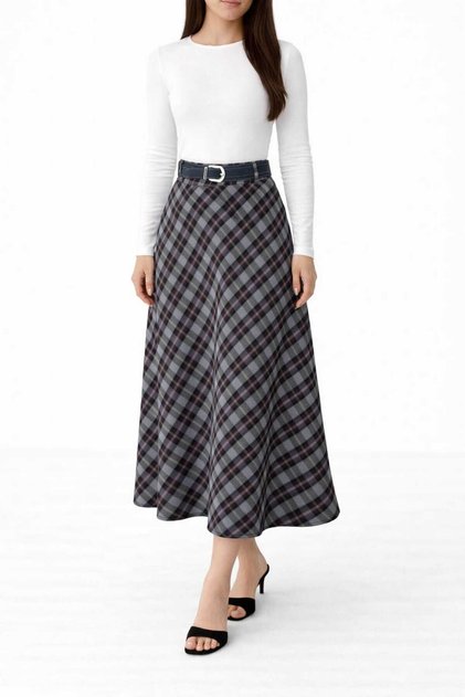 Plaid Belted Long Skirt / Hijab Compatible Flared Model