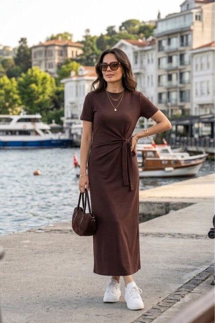 Rochie midi modală pentru femei – Detalii laterale cu șireturi, țesătură moale care nu lasă urme, rochie de vară casual și elegantă