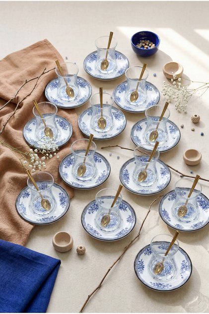 Antique Cobalt Blue Gold Decorated Luxury 24 Piece Tea Set for 12 People, Tea Set