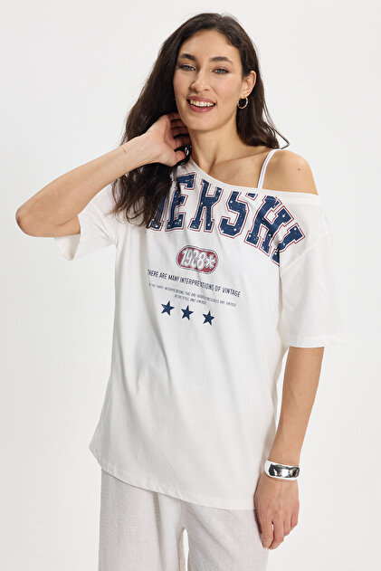 Women's Oversize Wide Cut 100% Cotton Boat Neck Short Sleeve Printed White T-Shirt Blouse