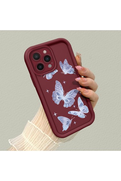 iPhone 13 Pro Max Compatible Silicone Phone Case with Ribbon Button and Butterfly Pattern
