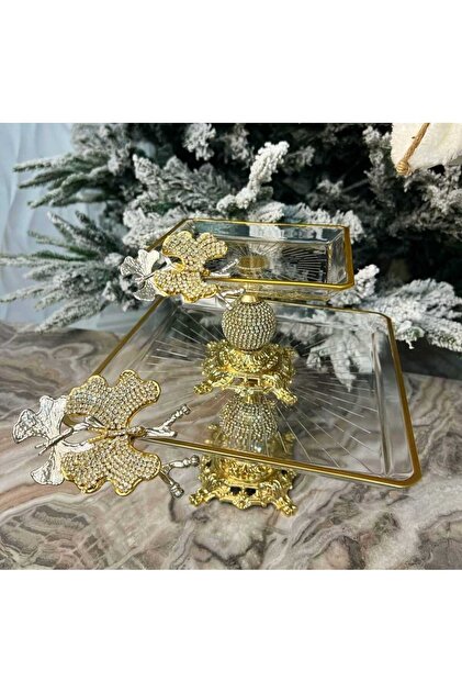 2-Layer Stone Diamond Square Cast Iron Cake Serving Stand with Legs and Cookie Holder