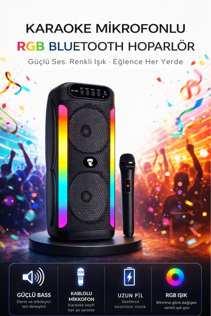 Mikrofonlu Bluetooth Hoparlör Rgb Led Işıklı Güçlü Ses Bombası
