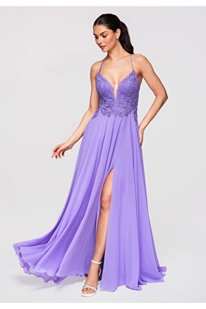 Larica Women's Elegant Evening Dress LA-OM-DLR309 Purple- Trendyol Larica Women's Elegant Evening Dress LA-OM-DLR309 Purple- Trendyol