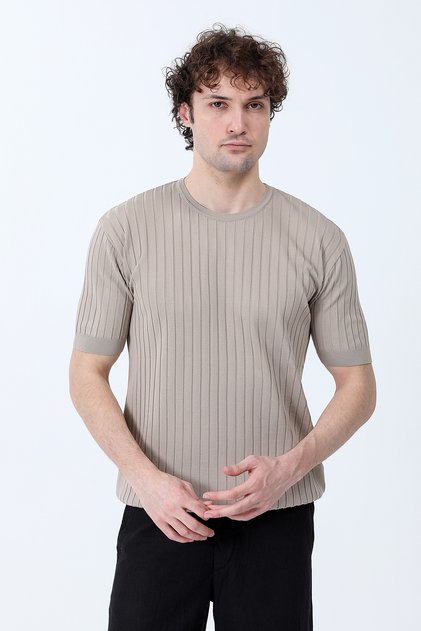 Men's Crew Neck Ribbed Knitwear T-Shirt Light Brown - 26Y 681