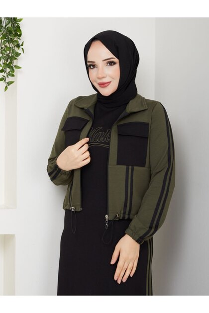 Women's 2-Piece Set Long Dress and Jacket with Pockets Two Yarns Cotton Stylish Sporty N-05479 _ Black-Khaki