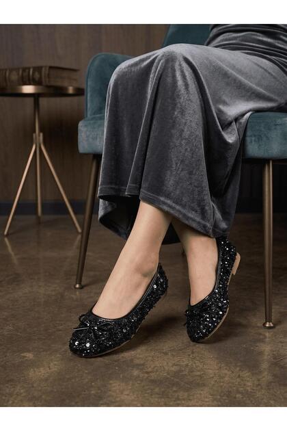 Eya Sparkling Sequin Embroidered Women's Ballerinas - Comfortable Sole Women's Shoes with Bow Detail