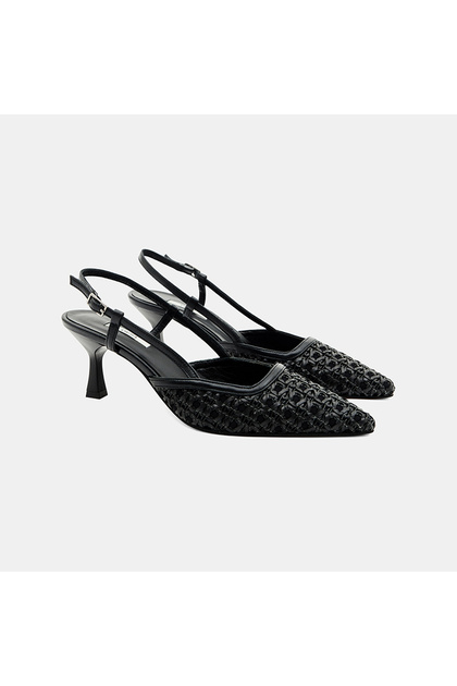 Women's Black Pointed Toe Slingback Leather Heeled Shoes