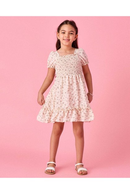 Girls Ivory Printed Square Neck Smocked Dress