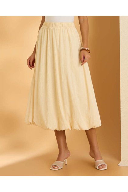 Women Yellow Plain Straight Fit Midi Skirt