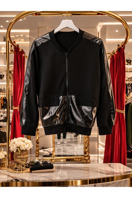 🖤 Premium Black Leather Detailed Bomber Jacket – Luxury Collection