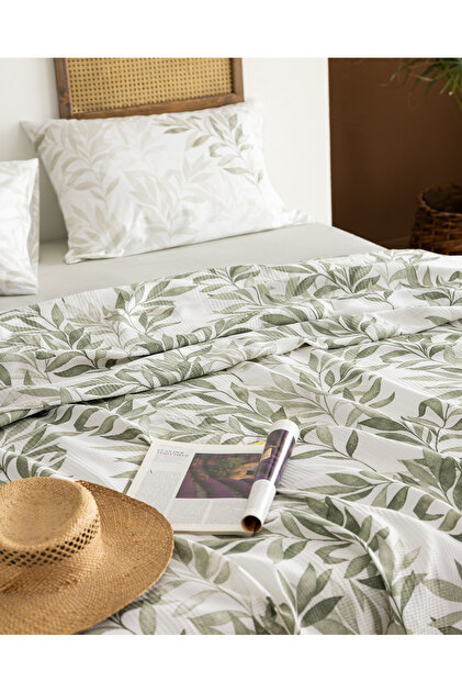 Madame Coco Leaf Çift Kişilik Ecocell Baskılı Pike Takımı - Haki