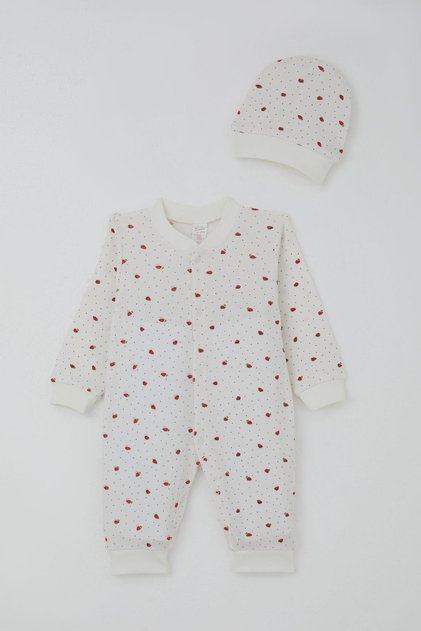 Baby Girl Jumpsuit with Strawberry Pattern 0-6 Months, Ecru