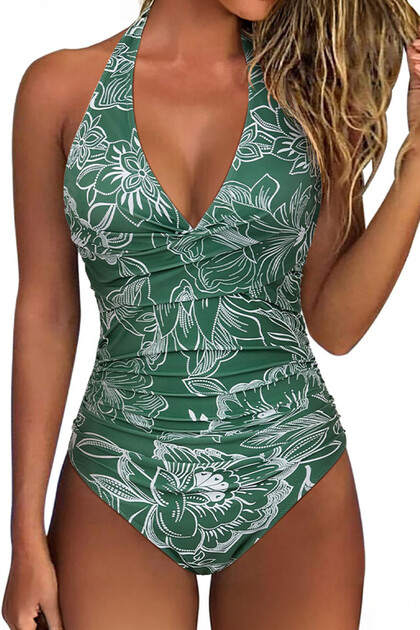 Costum de baie, o piesa, prindere dupa gat, decolteu adanc si spate gol, verde, EFAYN