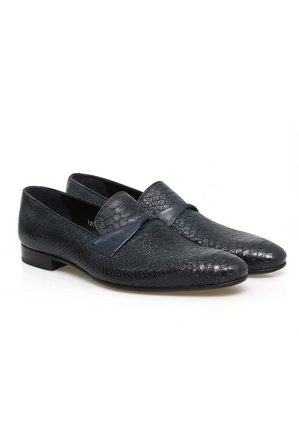 Dark Blue Color Laceless Genuine Leather Leather Sole Men's Shoes